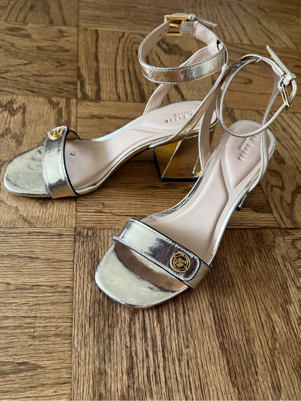 Ted Baker London Gold Metallic Block Heel Ankle-Strap Sandals, Size 7.5 - Picture 3 of 4
